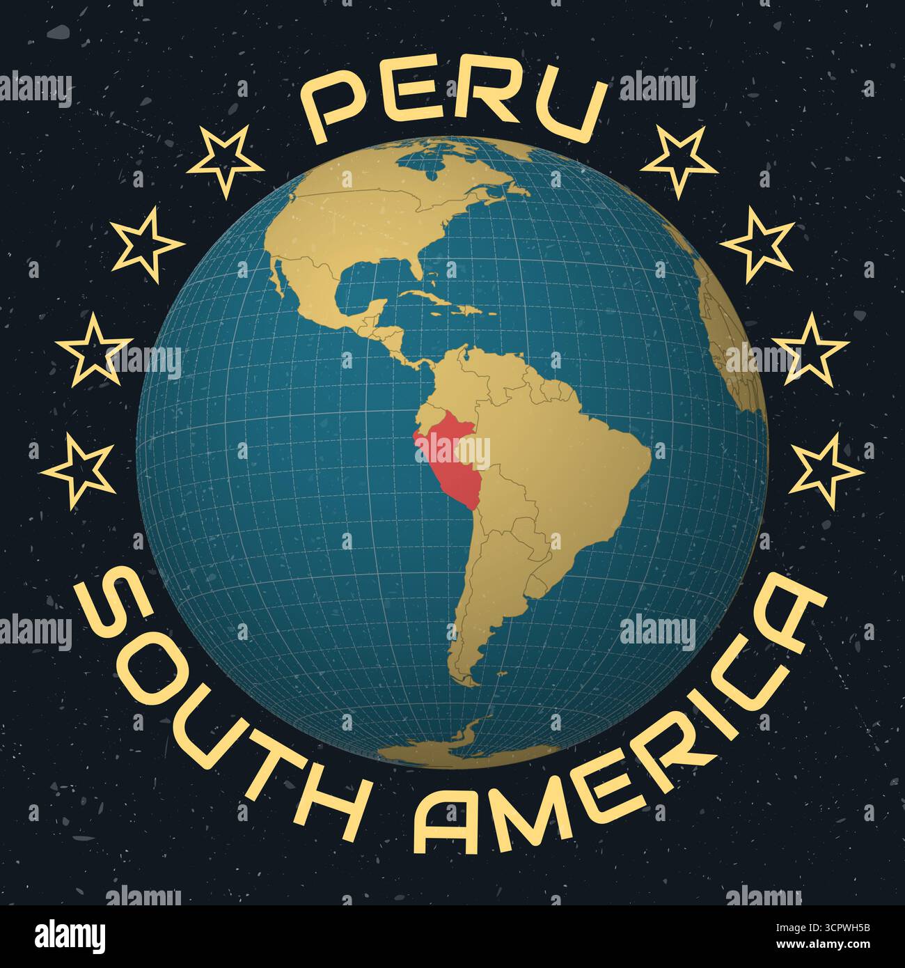 Peru auf Globe. Runder Text für Ländernamen. Vintage-Look mit zerkratzter Grunge-Textur. Länderansicht auf Weltkarte in der Farbpalette Sky Blue Light Yellow. Stock Vektor