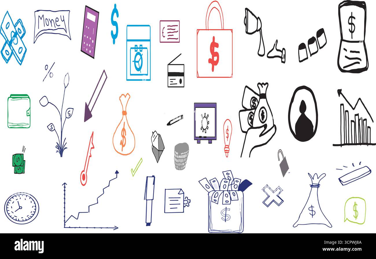 Handgefertigte Finanzsymbole Vektorsatz für Geschäfts- und Gelddesign Stock Vektor