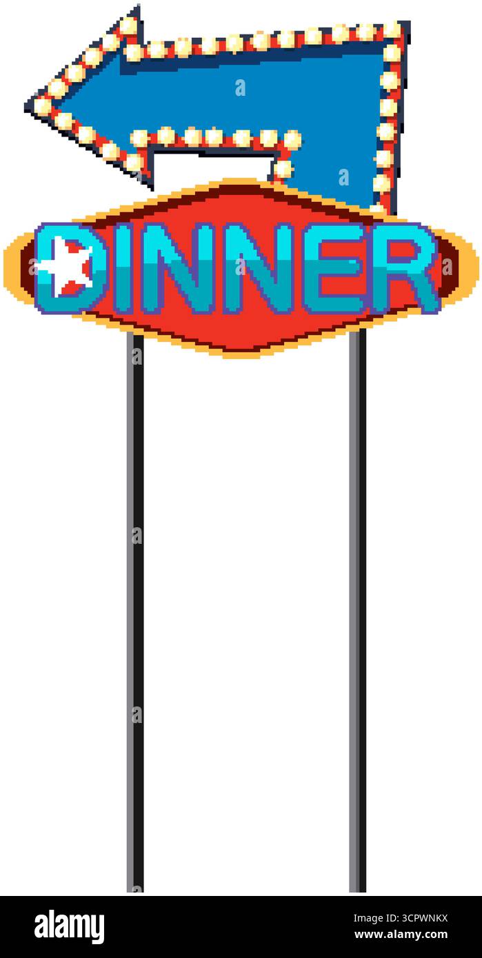 Vintage-Diner-Schild-Vektor mit blauem Pfeil, beleuchteten Lichtern und nostalgischer Retro-Ästhetik am Straßenrand. Stock Vektor