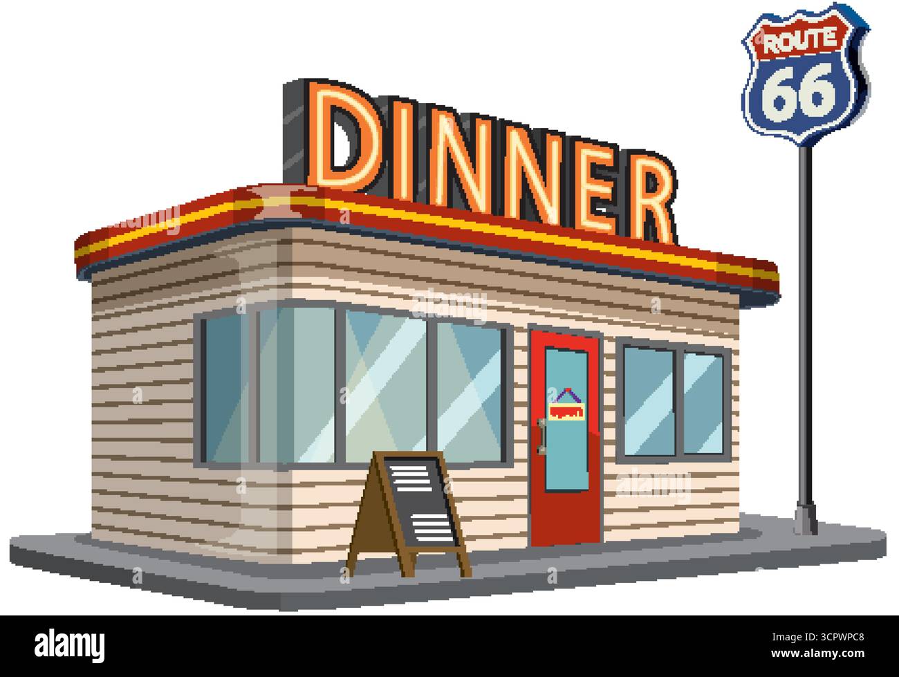 Vektor-Illustration eines Retro-Restaurants am Straßenrand mit klassischer Architektur und lebhaftem Route 66-Schild. Stock Vektor