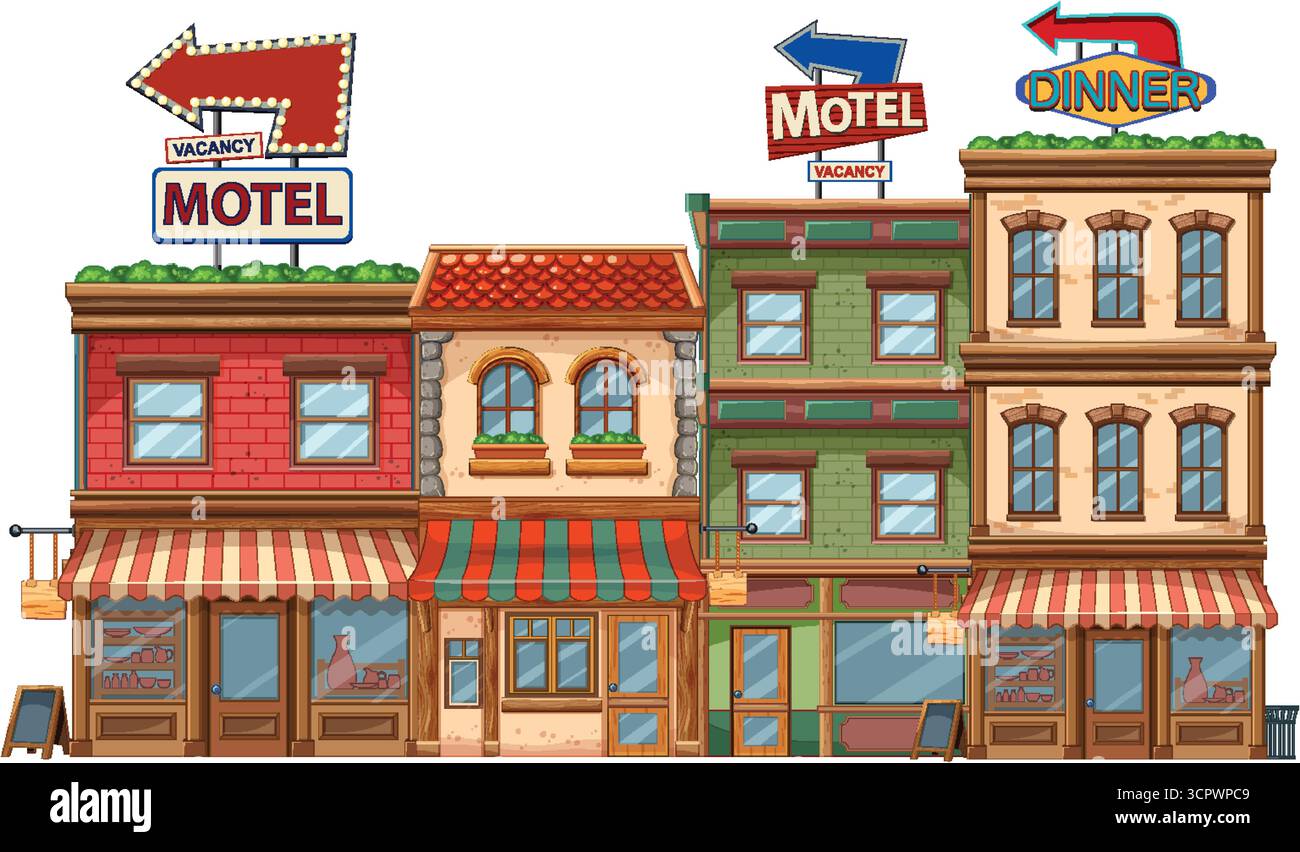 Comic Vektor Illustration von städtischen Geschäften, Motels und Diner mit auffälligen Schildern und Details Stock Vektor