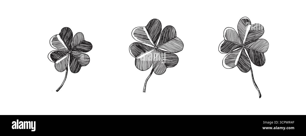 Klee verlässt Skizze. Dekorative Symbole für Skelett-Blätter. Handgezeichnete Vektorgrafik. Minimalistischer Stil. St. Patrick's Day Elemente Stock Vektor