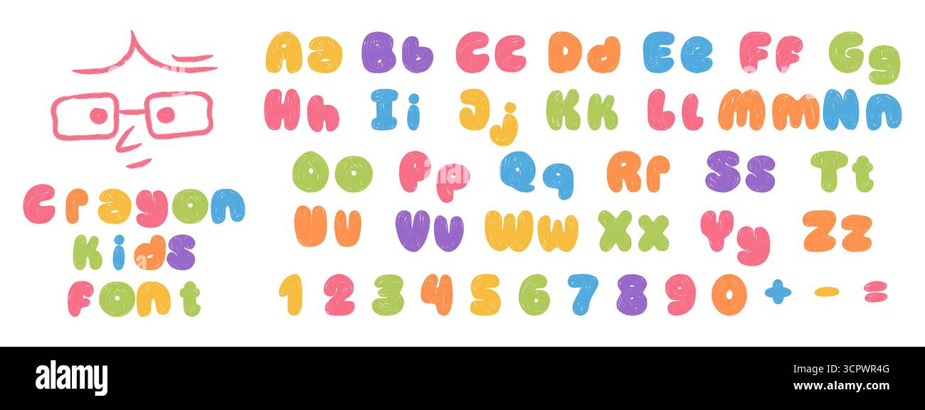 Buntes Buntstift-Kinderalphabet mit Groß- und Kleinbuchstaben. Handgezeichneter, verspielter Wachsmalstift Stock Vektor