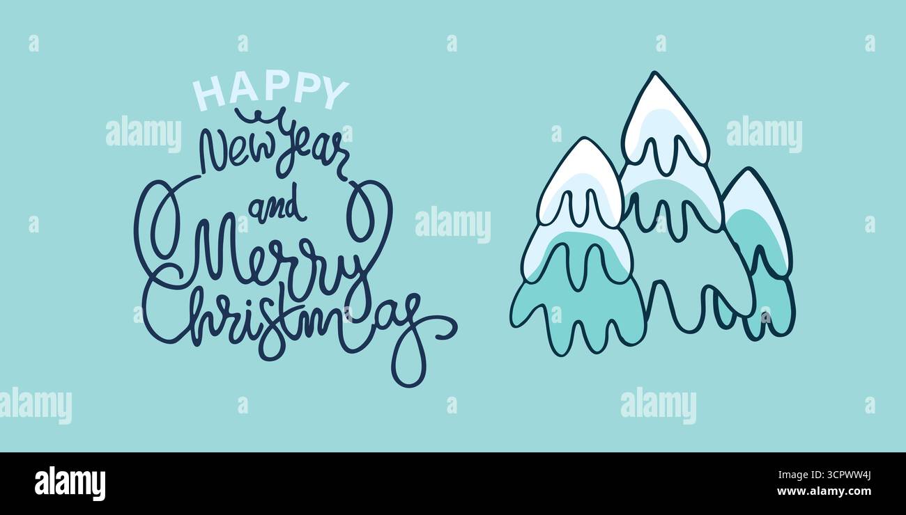 Grußkarte „Happy New Year“ und „Merry Christmas“. Handgezeichnete Schriften und verschneite Tannen Stock Vektor