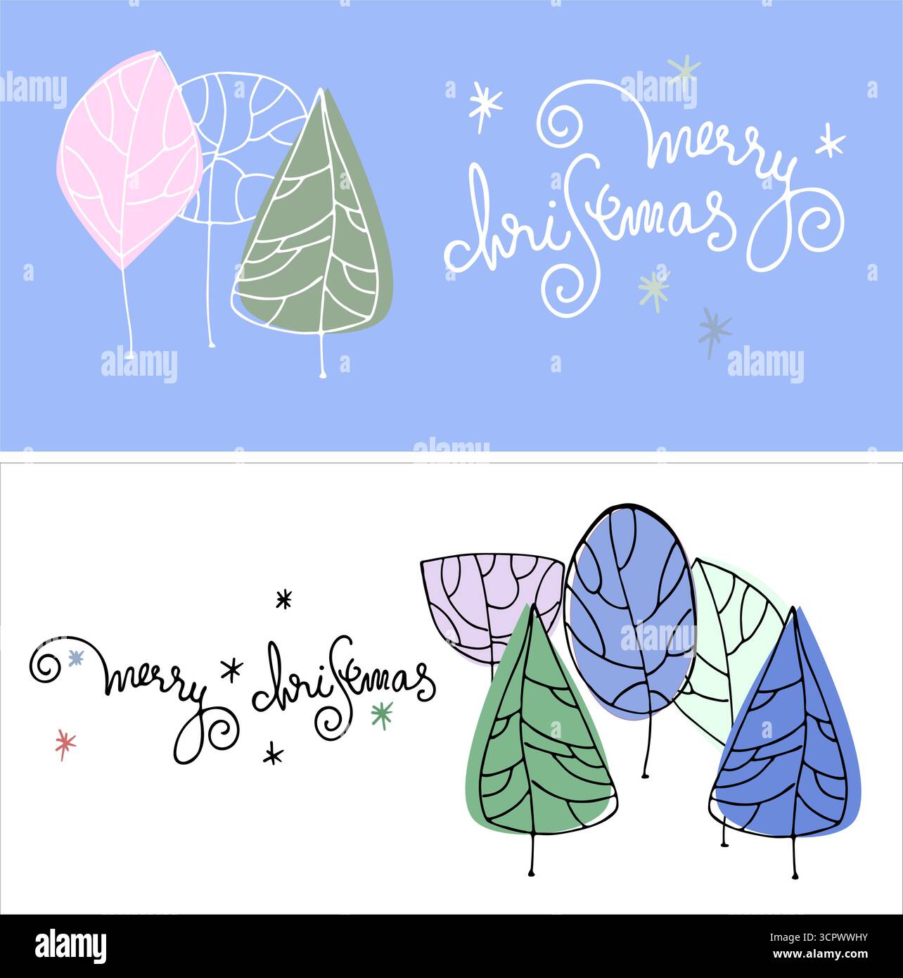 Zwei Grußkarten im Weihnachtsset. Elegante Handschrift und stilisierte Winterbäume Stock Vektor