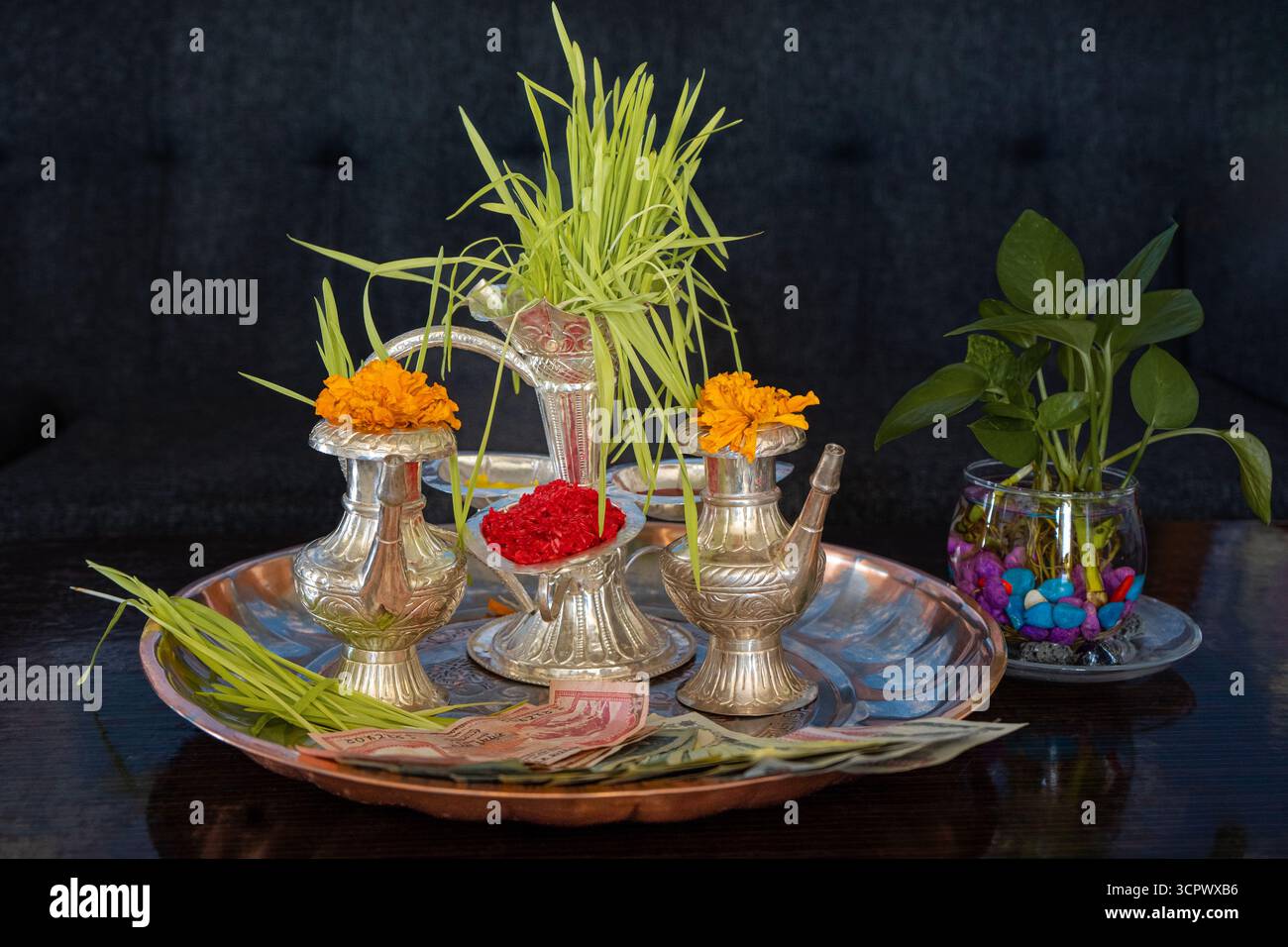 Tika und Jamara wurden in ein silbernes Utensilien mit Gerstensprossen, Geld und Früchten für die Vijaya Dashami Zeremonie während des Dashain Festivals in Nepal gelegt. Stockfoto