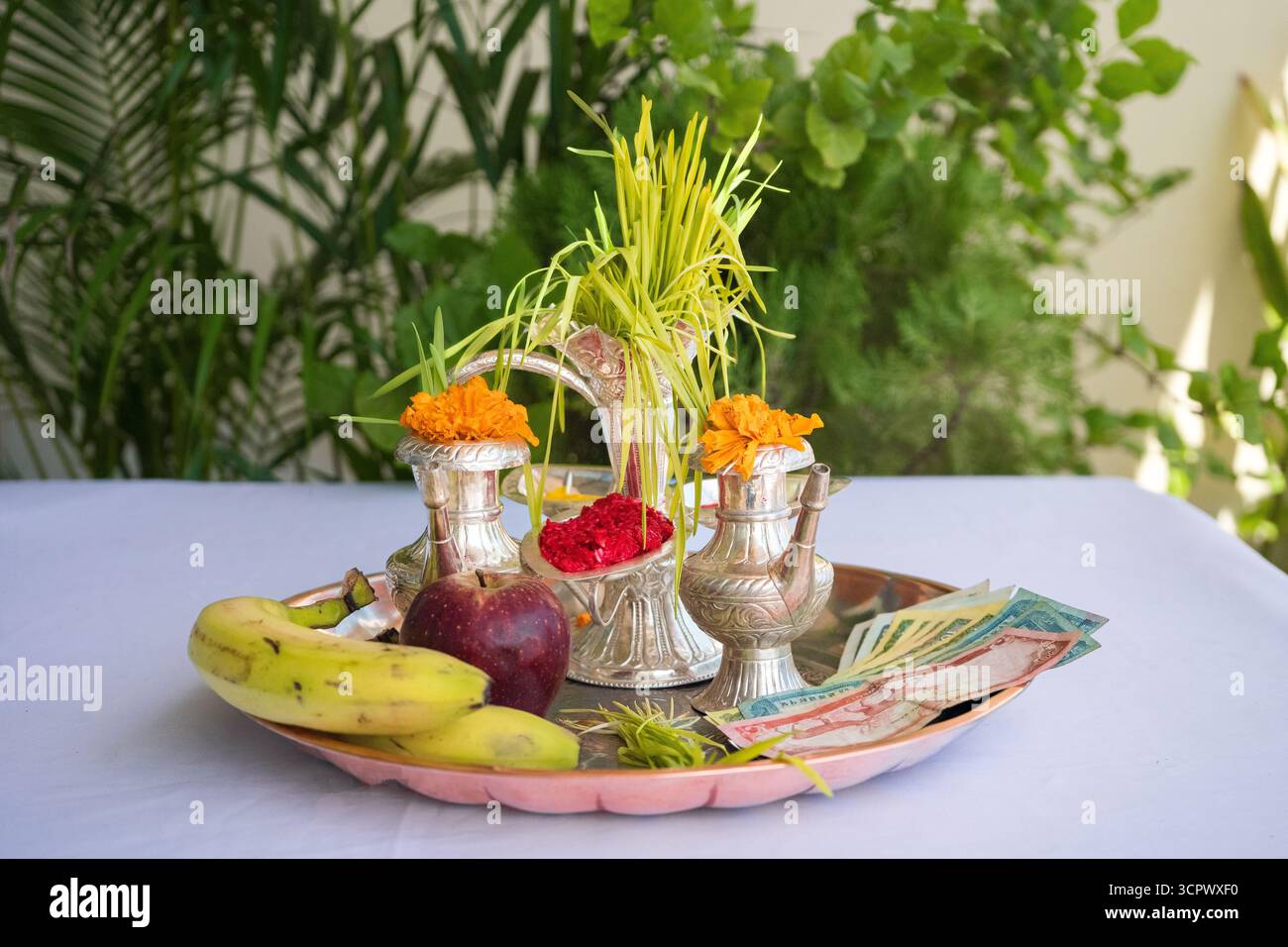 Tika und Jamara wurden in ein silbernes Utensilien mit Gerstensprossen, Geld und Früchten für die Vijaya Dashami Zeremonie während des Dashain Festivals in Nepal gelegt. Stockfoto