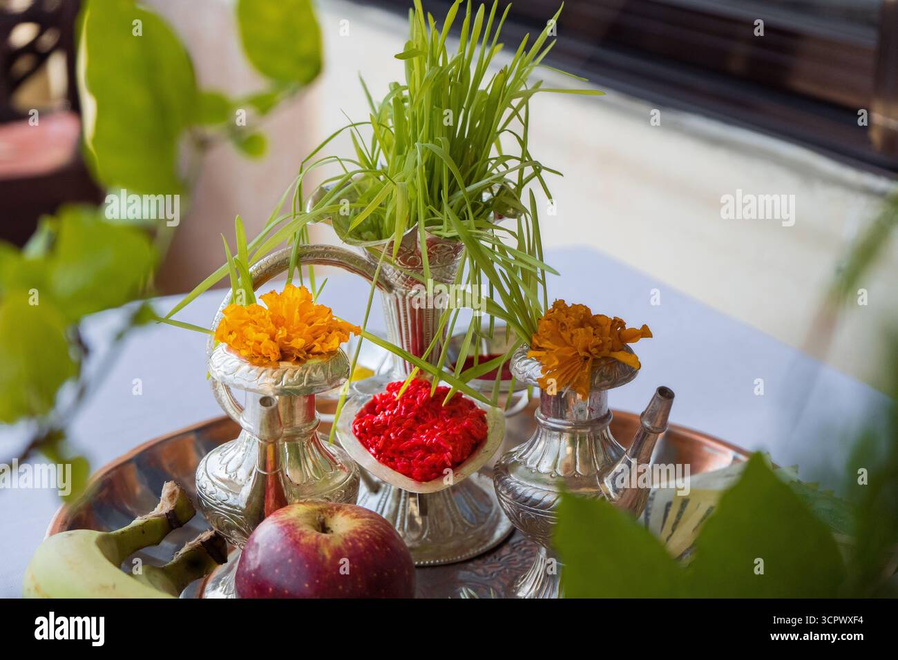 Tika und Jamara wurden in ein silbernes Utensilien mit Gerstensprossen, Geld und Früchten für die Vijaya Dashami Zeremonie während des Dashain Festivals in Nepal gelegt. Stockfoto