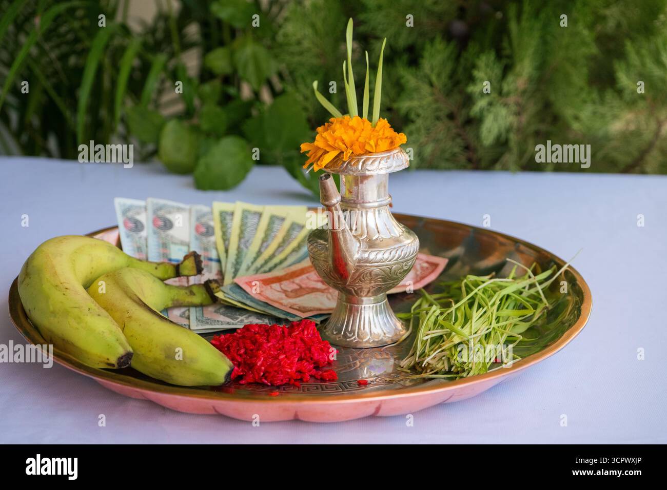 Tika und Jamara wurden in ein silbernes Utensilien mit Gerstensprossen, Geld und Früchten für die Vijaya Dashami Zeremonie während des Dashain Festivals in Nepal gelegt. Stockfoto