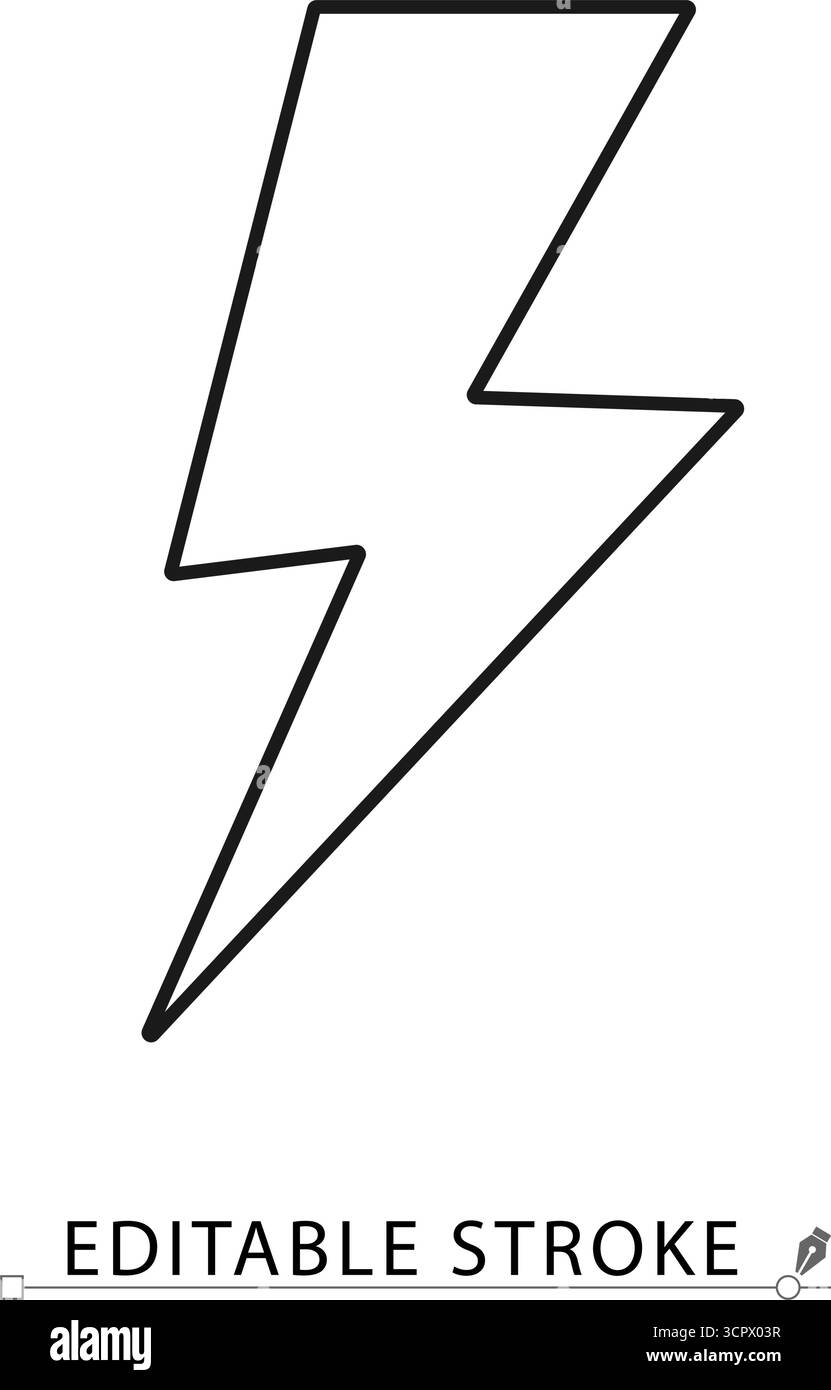 Ein Blitzsymbol im minimalistischen Linienstil mit bearbeitbarem Strich. Symbol für elektrische Energie, Gewitterwetterzeichen, Energieblitz, Gefahrenwarnung Stock Vektor