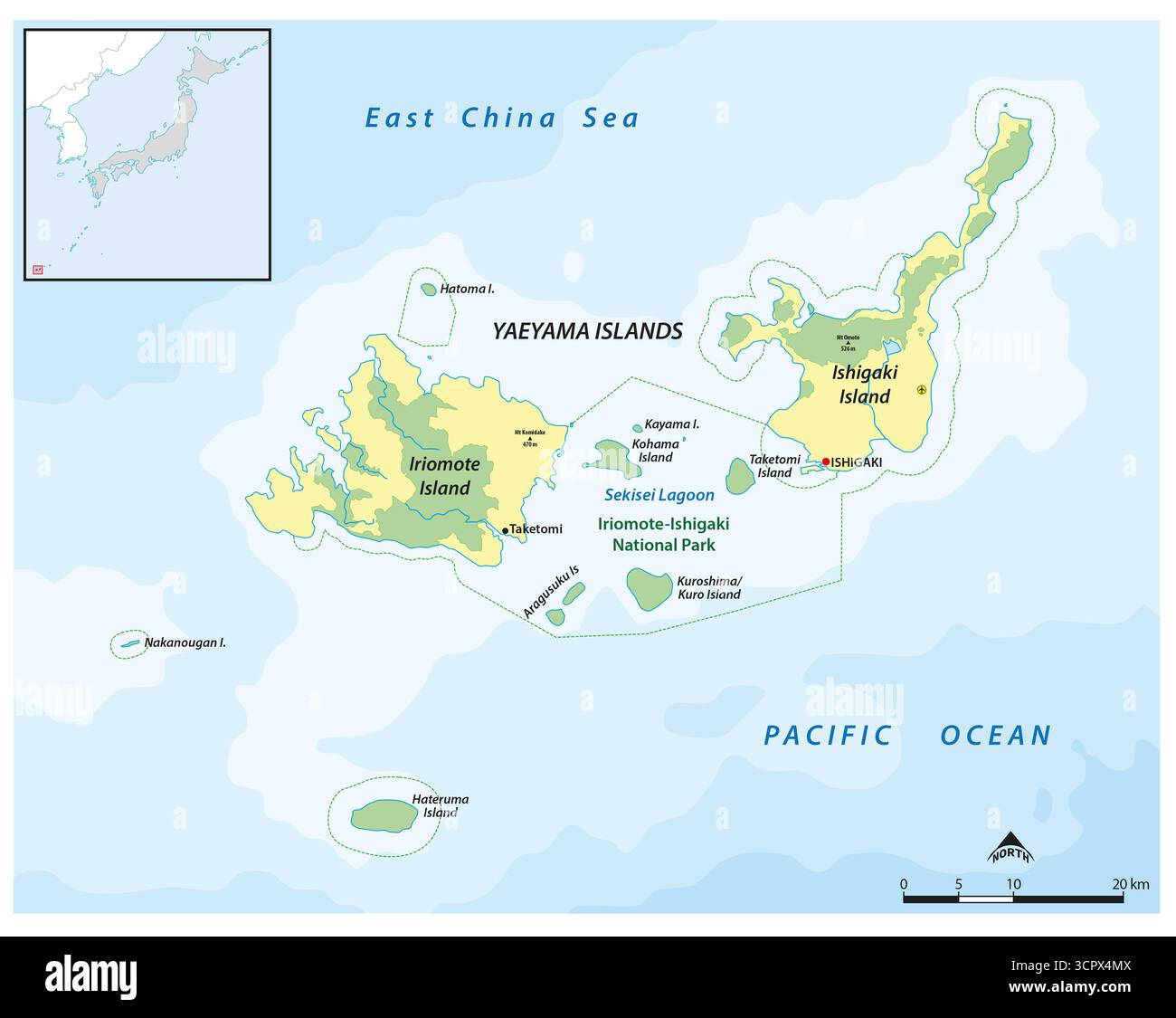 Karte des Iriomote-Ishigaki-Nationalparks, Okinawa, Japan Stockfoto