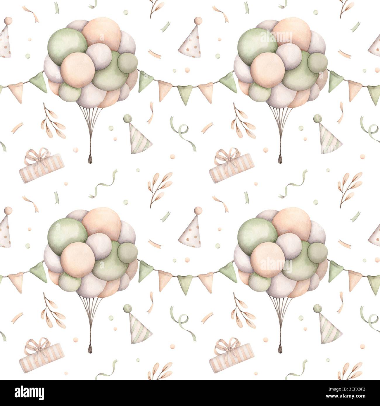 Geburtstagsparty Für Dinosaurier. Aquarellfarben, handgezeichnetes nahtloses Muster mit Ballons in Pastellfarben, Flaggen, Gifr und Konfetti. Niedliches Zeichentrickmuster Stockfoto