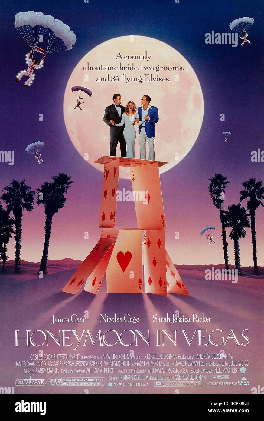 Honeymoon in Vegas (1992) von Andrew Bergman mit James Caan, Nicolas Cage und Sarah Jessica Parker. Ein Spieler überredet einen Mann, seine Verlobte das Wochenende mit ihm verbringen zu lassen, im Gegenzug für eine Verschuldung. Foto eines Original-Posters aus dem Jahr 1992 (USA), das NUR FÜR REDAKTIONELLE ZWECKE VERWENDET WIRD. Quelle: BFA / Columbia Pictures Stockfoto Honeymoon in Vegas (1992) von Andrew Bergman mit James Caan, Nicolas Cage und Sarah Jessica Parker. Ein Spieler überredet einen Mann, seine Verlobte das Wochenende mit ihm verbringen zu lassen, im Gegenzug für eine Verschuldung. Foto eines Original-Posters aus dem Jahr 1992 (USA), das NUR FÜR REDAKTIONELLE ZWECKE VERWENDET WIRD. Quelle: BFA / Columbia Pictures Stockfoto