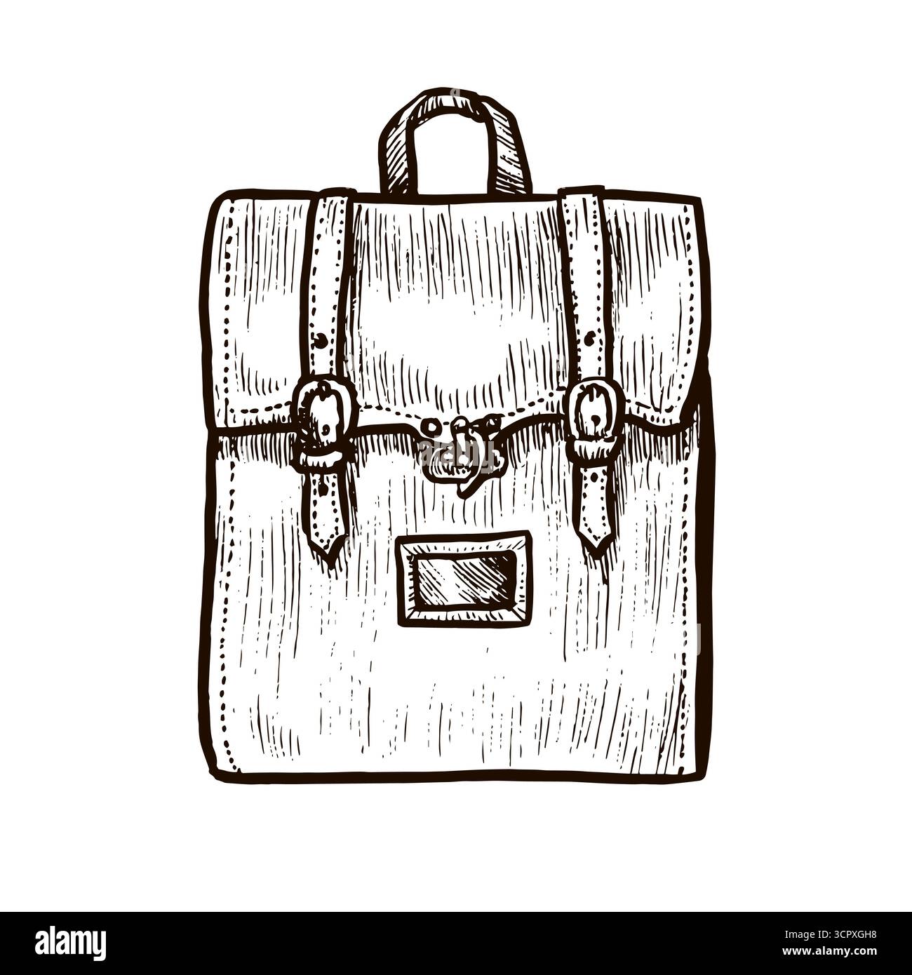 Rucksack im Retro-Stil, Vorderansicht, Zeichnung mit schwarzer Tinte Stockfoto