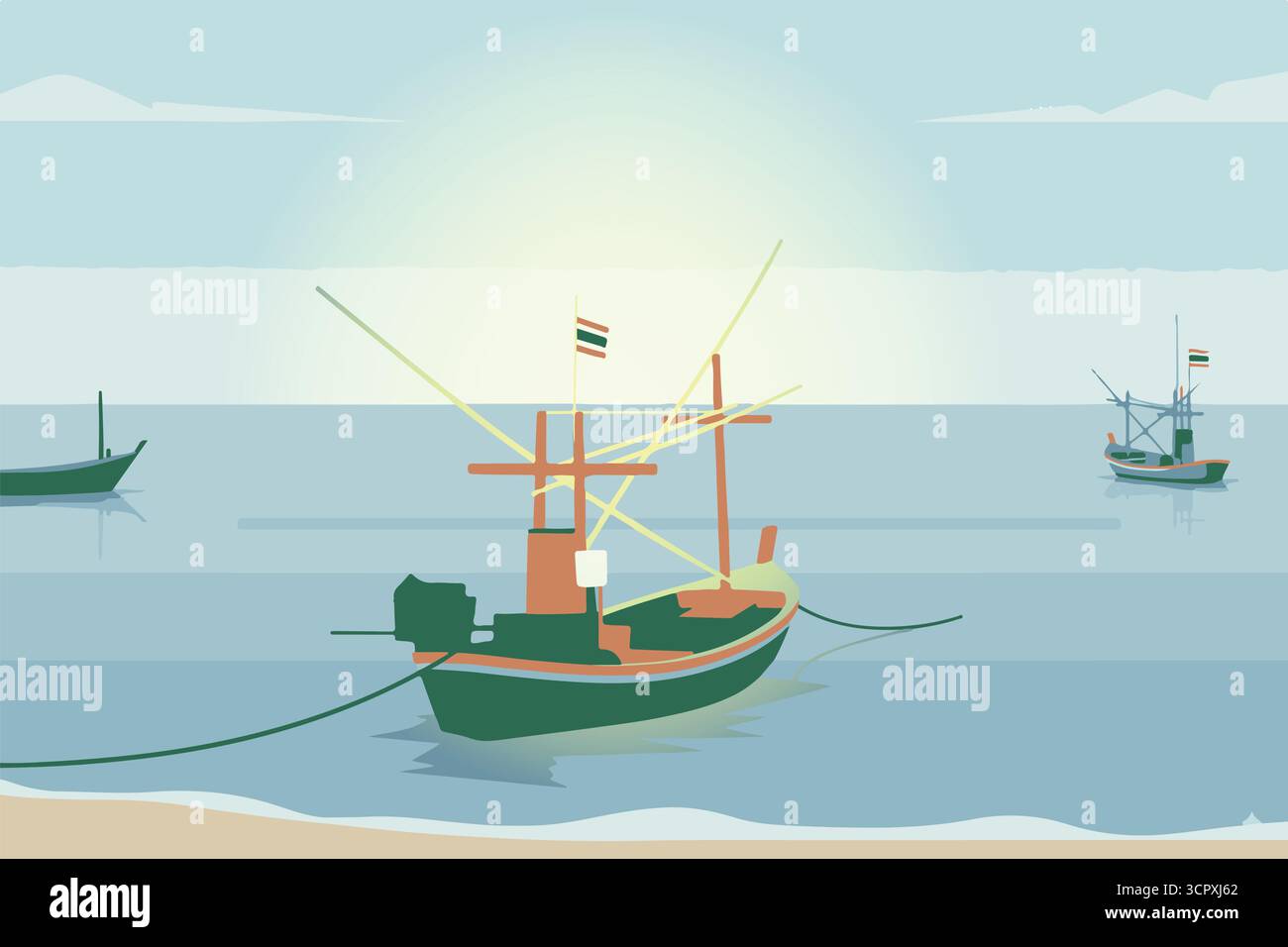 Vektor-Illustration eines traditionellen Fischerbootes auf ruhigem Meerwasser am Morgen, ideal für Marine-, Reise- und Küsten-Lifestyle-Konzepte. Stock Vektor