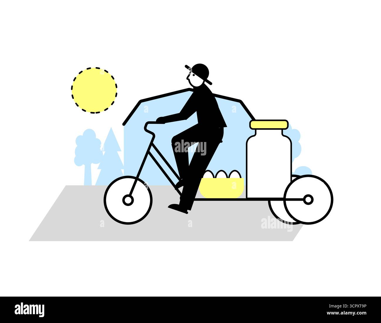 Bauernradfahrer-Silhouette auf einem Lastentrike, der ein Glas Milch und Eier auf den Markt bringt, Bauernlandschaft im Hintergrund. Bearbeitbare Kontur und Formen. Stock Vektor
