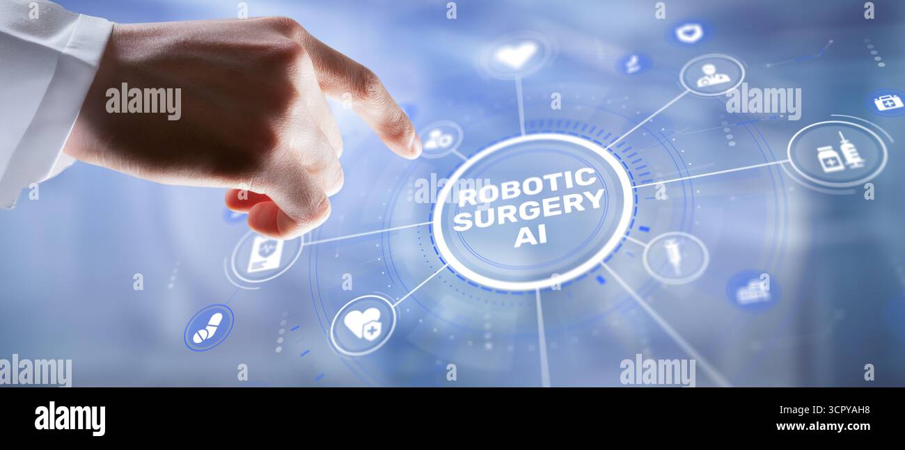 Ein Roboterchirurgiesystem mit KI führt einen präzisen minimalinvasiven Eingriff durch. Stockfoto