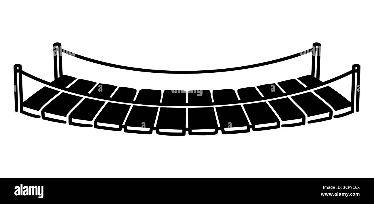 Einfache schwarz-weiße Zeichnung einer hölzernen Hängeseilbrücke. Vektor-Clipart-Illustration. Stock Vektor