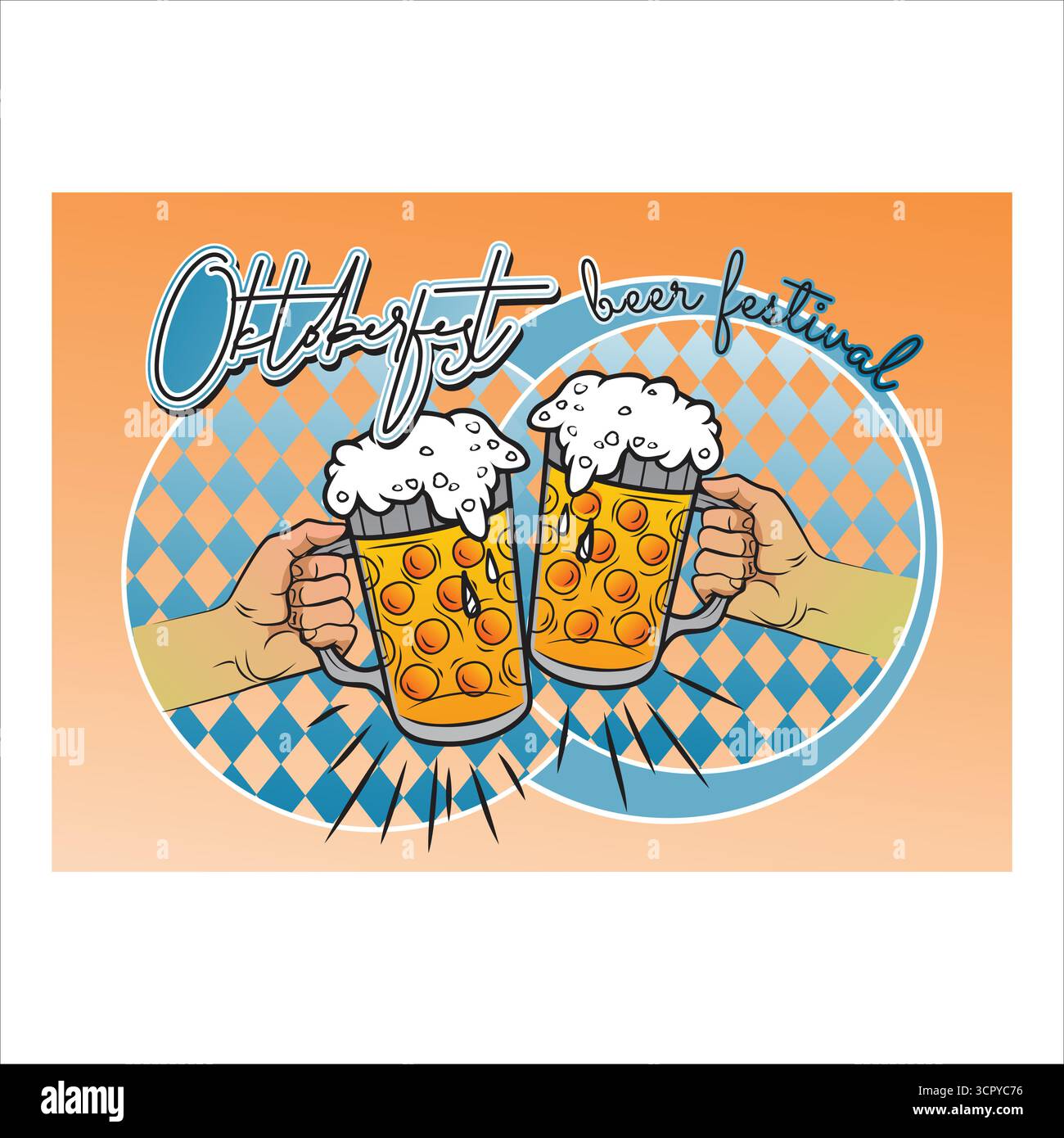deutsche, münchen, Hände halten zwei Bierbecher hoch für einen festlichen oktoberfest-Toast. Stock Vektor
