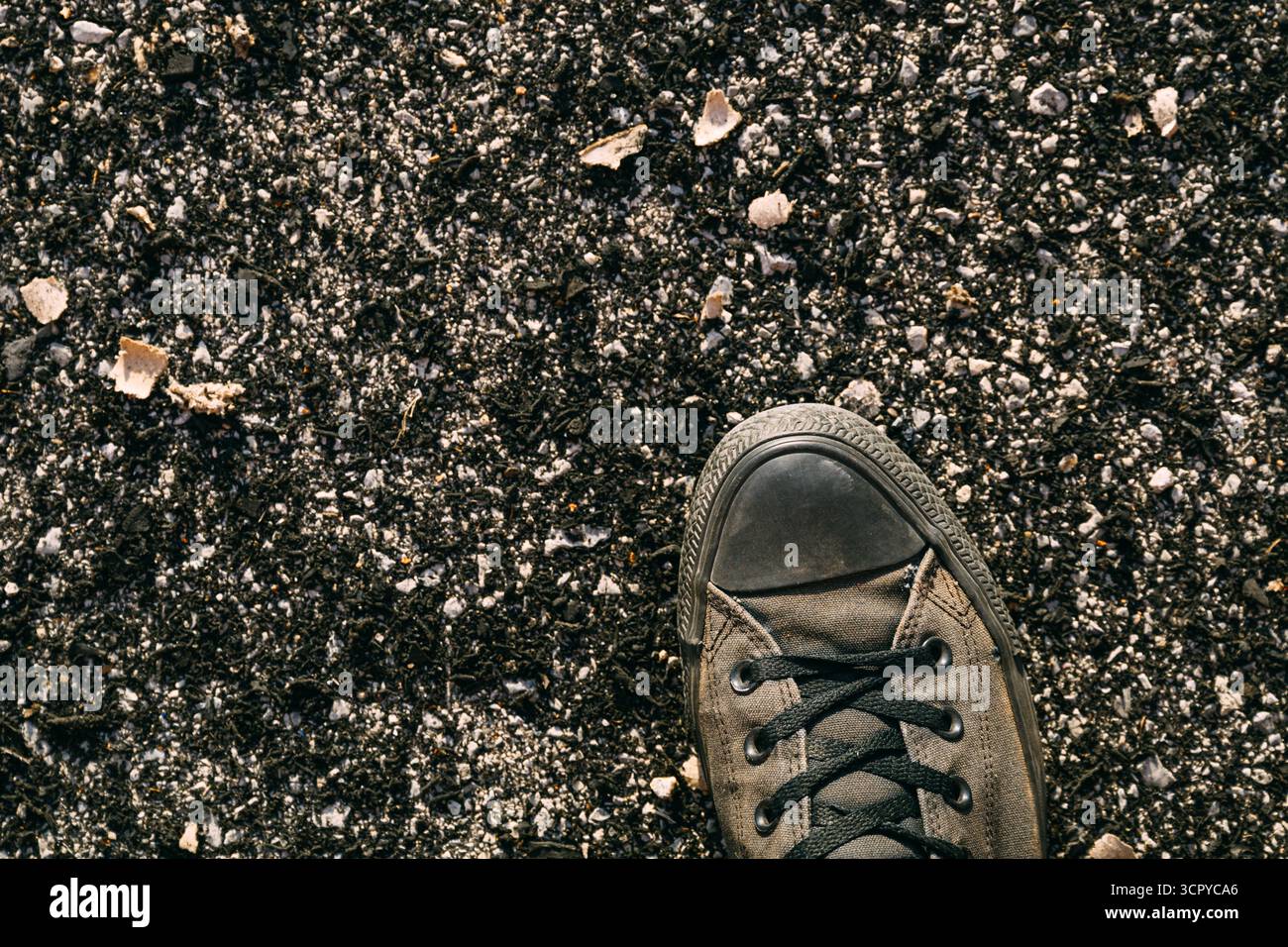 Blick von oben auf den alten schwarzen Sneaker, der verlassen auf der Asphaltstraße liegt. Kopierbereich enthalten. Stockfoto
