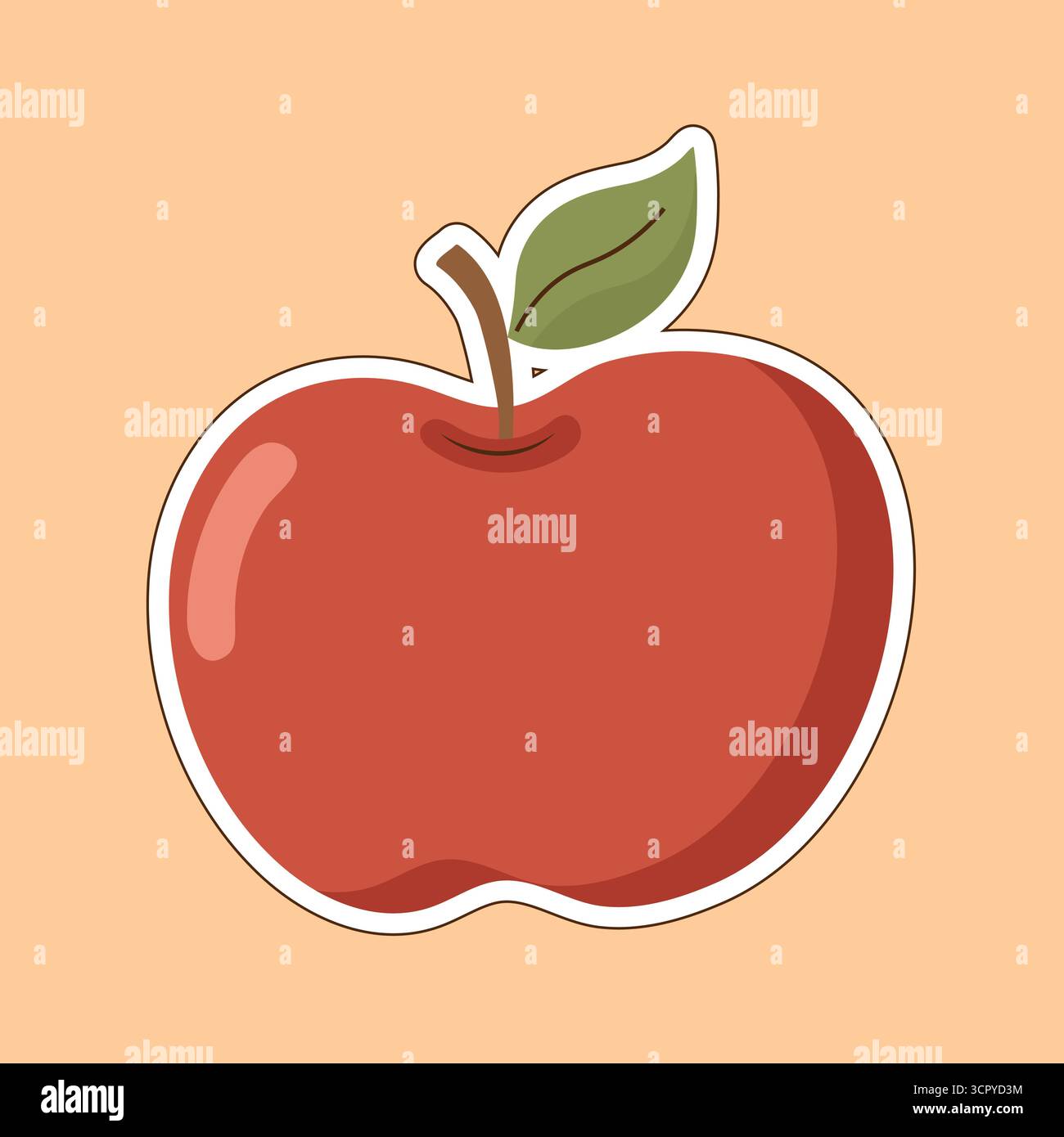 Stilisierter roter Apfel mit grünem Blatt und braunem Stiel, weißer Umriss, pfirsichfarbener Hintergrund. Ideal für Design mit Fruchtmotiven, Bildmaterial und saisonale Deko Stock Vektor