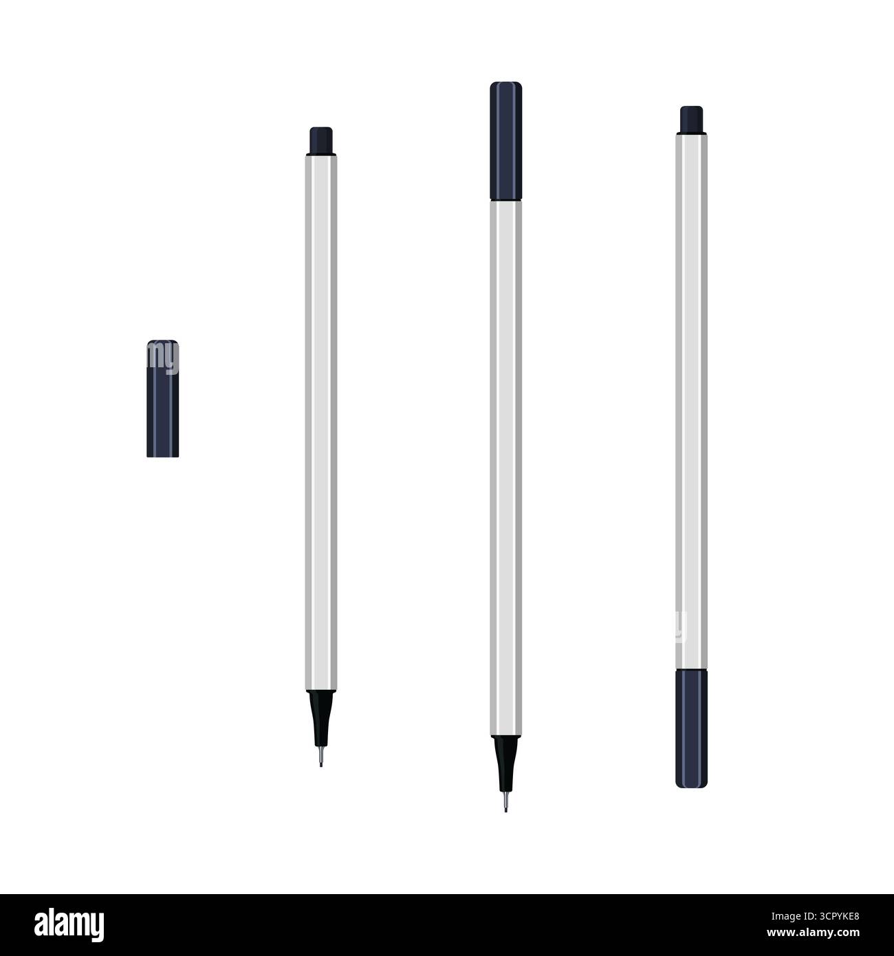 Schwarze Fineliner-Filzstifte mit Kappen. Vektorillustration isoliert auf weißem Hintergrund Stock Vektor