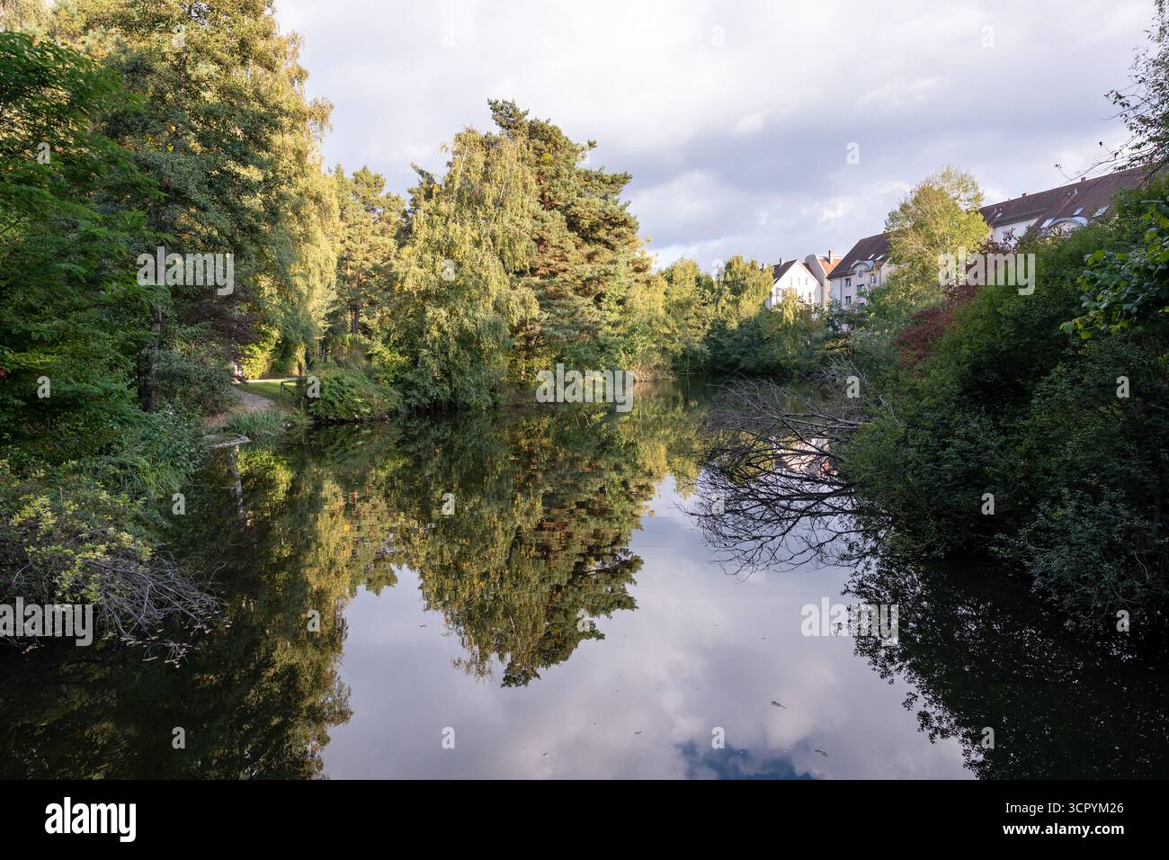 Nürnberg, Deutschland. September 2025. Der Langwassersee im Süden Nürnbergs. Gestern, Samstag, 27. September 2025, starben Fische aus noch unbekanntem Grund im See. Die Suche nach der Ursache ist noch nicht abgeschlossen. Vermerk: Daniel Karmann/dpa/Alamy Live News Stockfoto