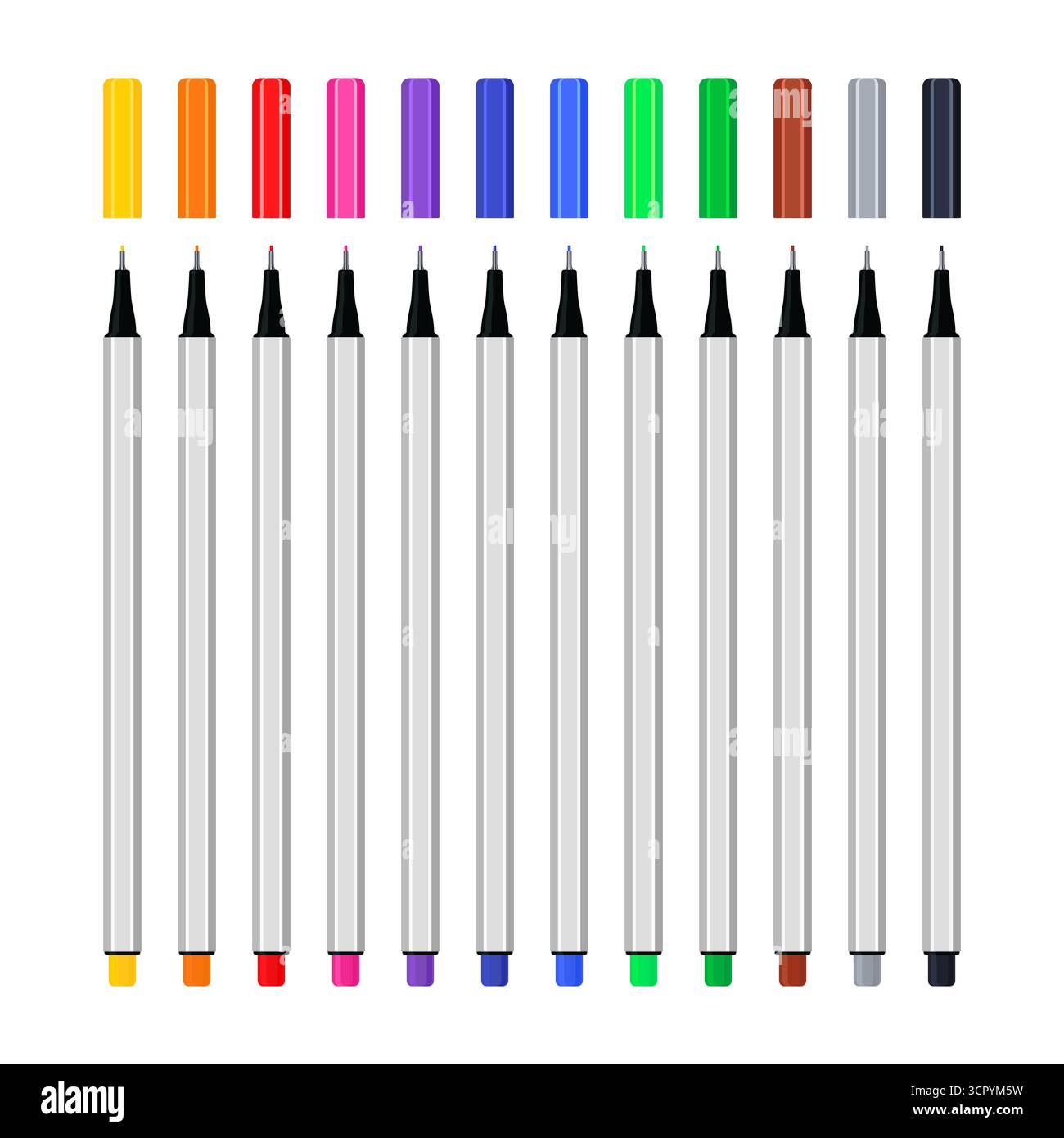 Bunte Feinschreiber mit Filzspitze und Kappen. Vektorillustration isoliert auf weißem Hintergrund Stock Vektor