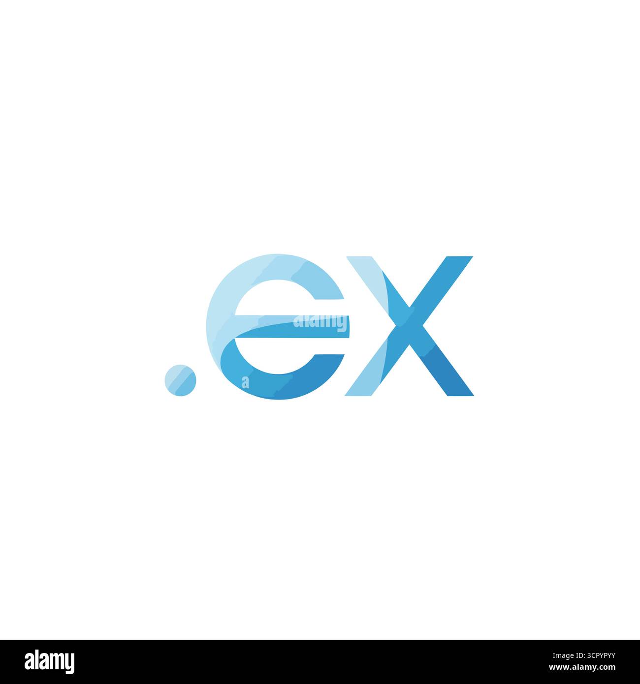 Die Vektorkunst des blau-weißen Ex-Logos zeigt ein modernes Design mit einem kleinen e und x, verbunden durch einen kleinen Punkt Stock Vektor