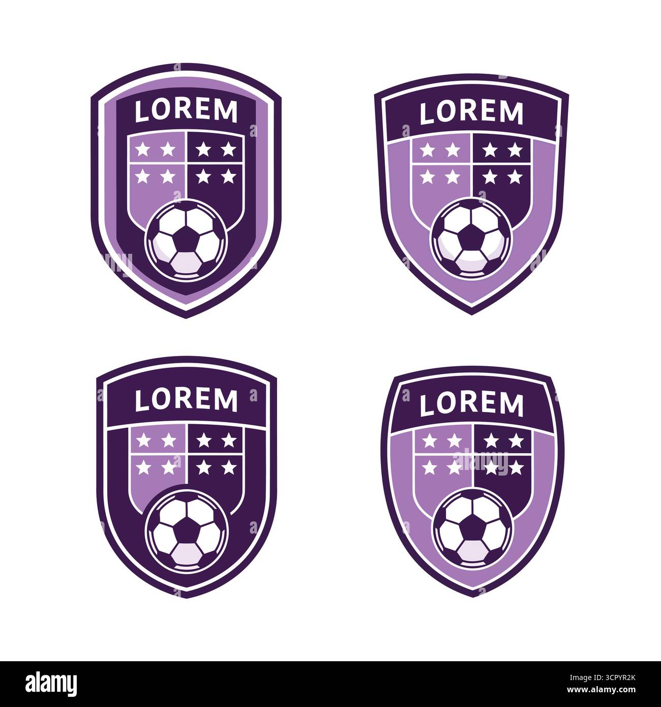 Vektorgrafik von vier Fußballmannschaftslogos, jedes mit einer Schildform mit einem Fußball, Sternen und dem Wort lorem oben Stock Vektor