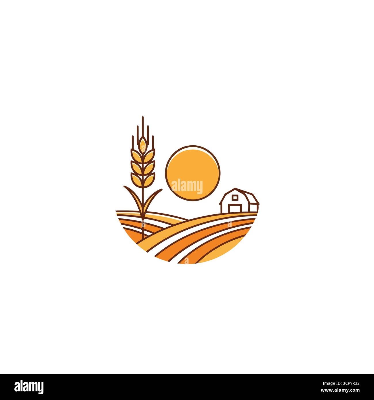 Vektorkunst mit minimalistischem Bauernlogo, mit Weizenstiel, Sonne, Scheune und Feldern in einem einfachen, linearen Stil mit Orange- und Gelbtönen Stock Vektor