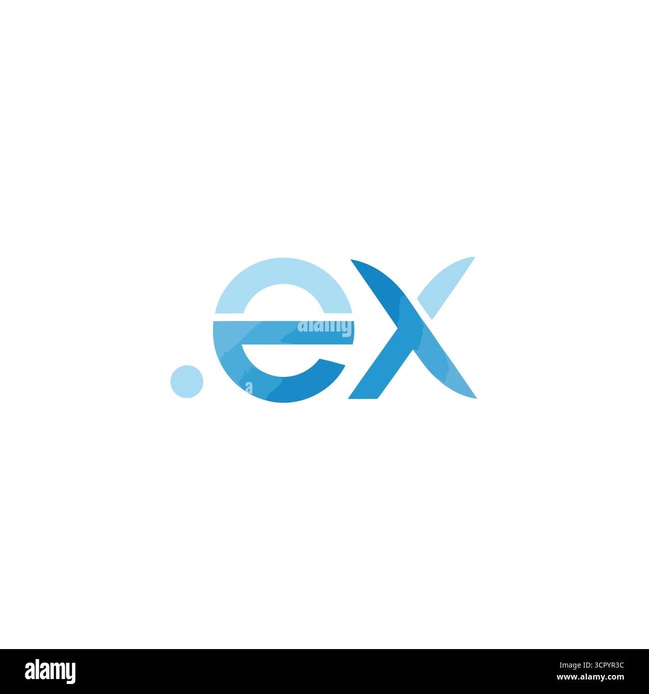 Die Vektorkunst des blau-weißen Ex-Logos zeigt ein modernes Design mit einem kleinen e und x, verbunden durch einen kleinen Punkt Stock Vektor
