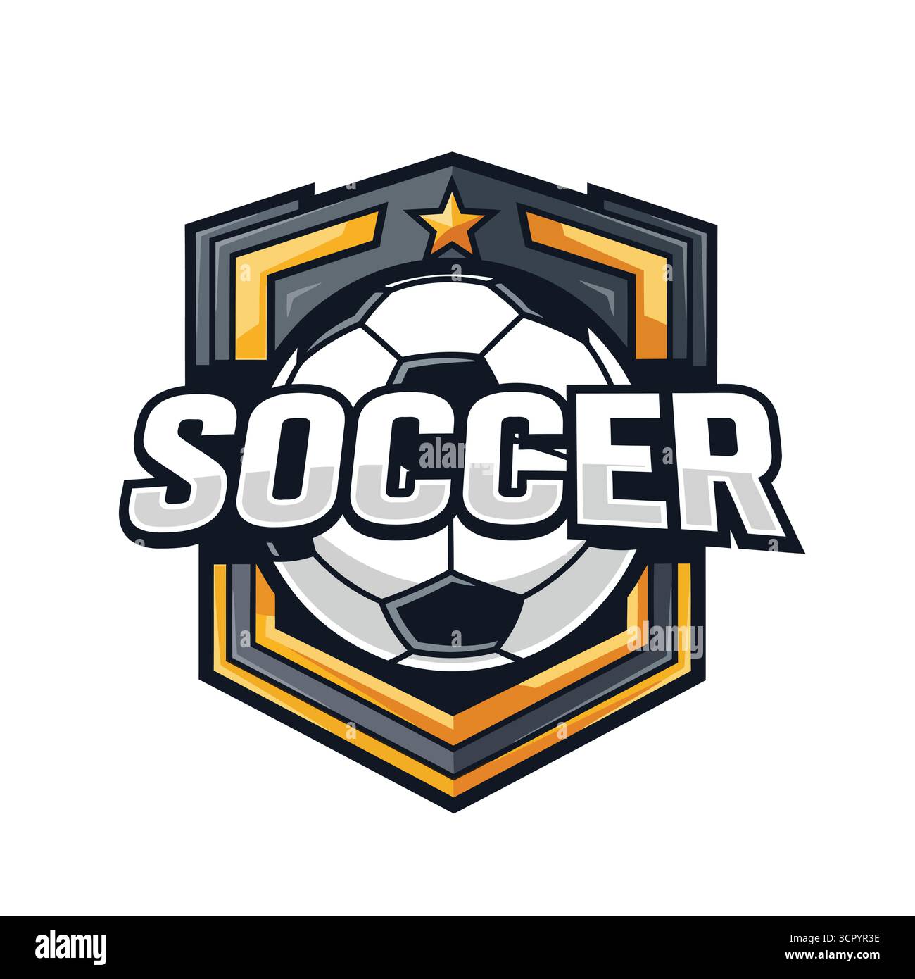 Vektorgrafik des Fußballteam-Logos mit einem Fußball mit dem Wort Fußball in fetten Buchstaben und einem Stern auf einem Schild Stock Vektor