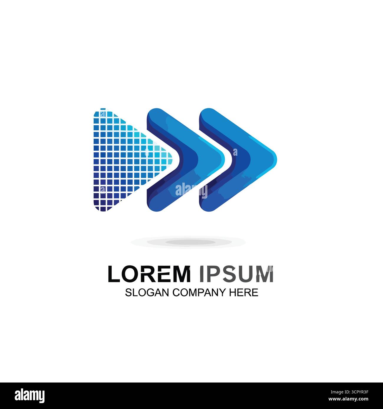 Die Vektorkunst des blauen Logos für den Vorwärtspfeil zeigt ein modernes Design mit einem pixelförmigen Dreieck und schlanken Pfeilen, die nach rechts zeigen Stock Vektor