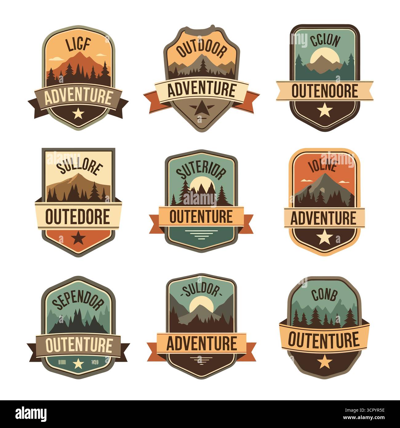 Vektorkunst der Sammlung von Outdoor-Logodesigns für Abenteuer mit Berglandschaften, Bäumen und stilisierter Typografie, perfekt für Branding oder Abschlussball Stock Vektor