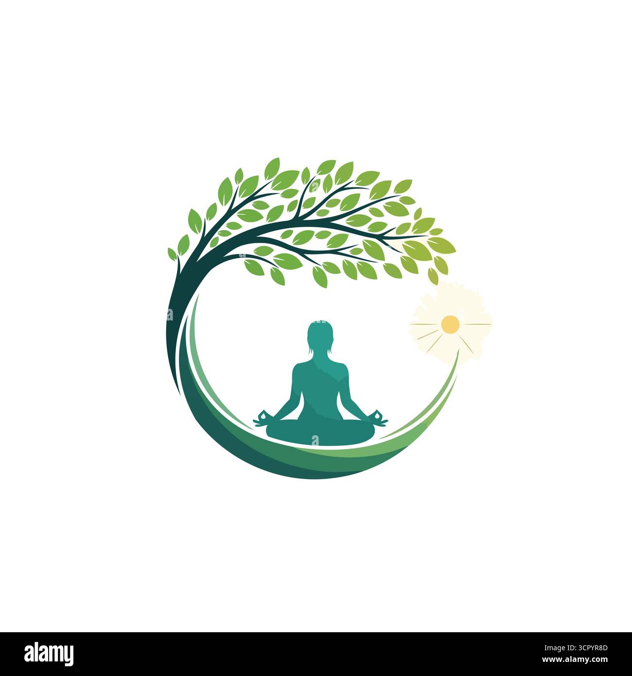Vektorkunst des ruhigen Yoga und Naturlogo mit einer meditierenden Figur unter einem Baum, die Frieden und Wellness in einem ganzheitlichen Design symbolisiert Stock Vektor