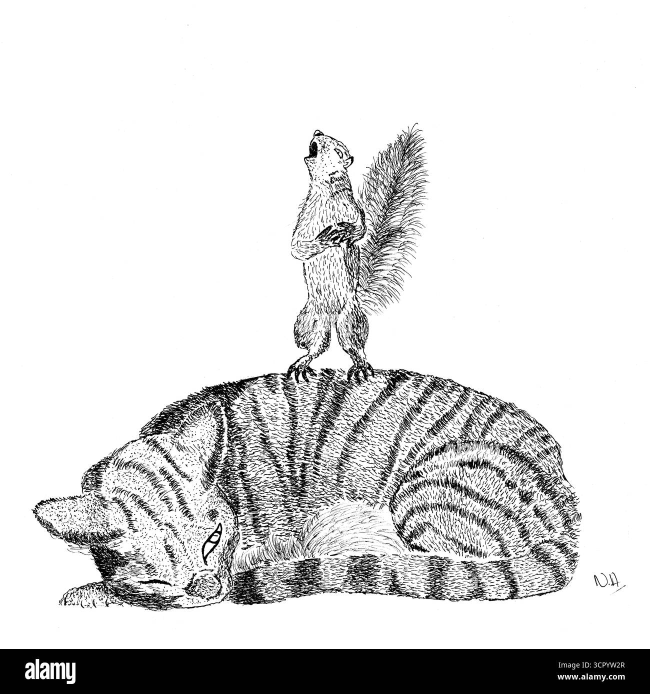 Illustration eines Eichhörnchens, das auf einer Katze singt, eine skurrile Zeichnung. Stockfoto