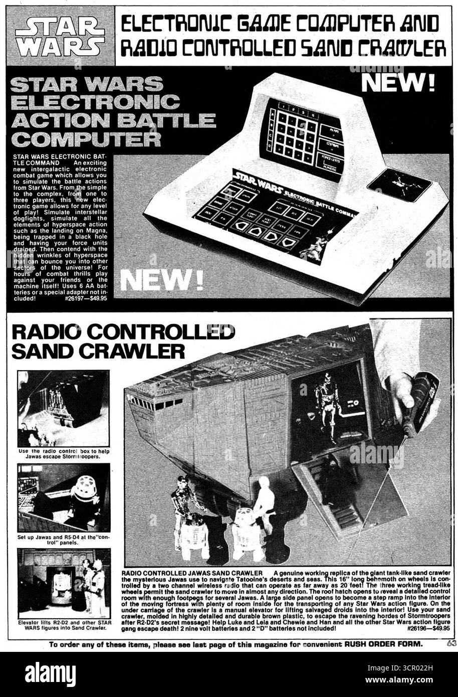 1979 Star Wars Toys Made by Kenner: The Electronic Battle Command Game und the Radio Controlled Sandcrawler Ad Stockfoto