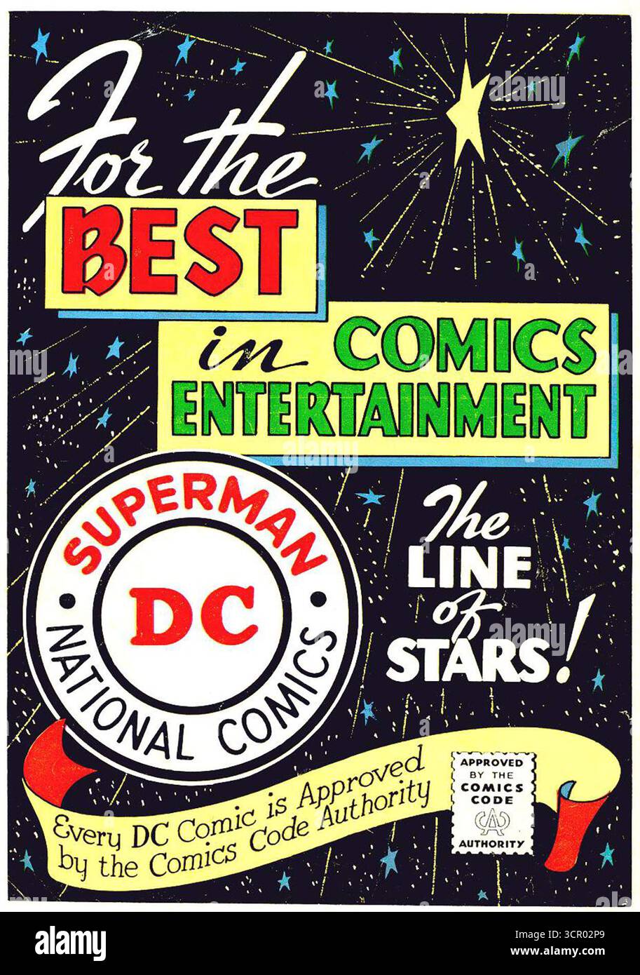 1958 DC Comics House Werbespot, „Approved by the Comics Code Authority“ Siegel, ein Standardmerkmal in Mainstream-Comics nach Mitte der 1950er Jahre, „DC Superman National Comics“ Stockfoto