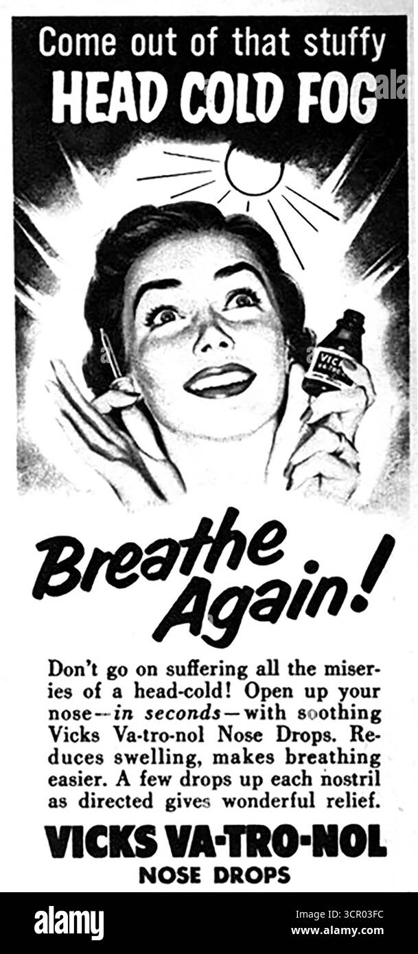 1956 Vicks Va-tro-nol Nose Drops Ad, Kopf kalter Nebel Stockfoto