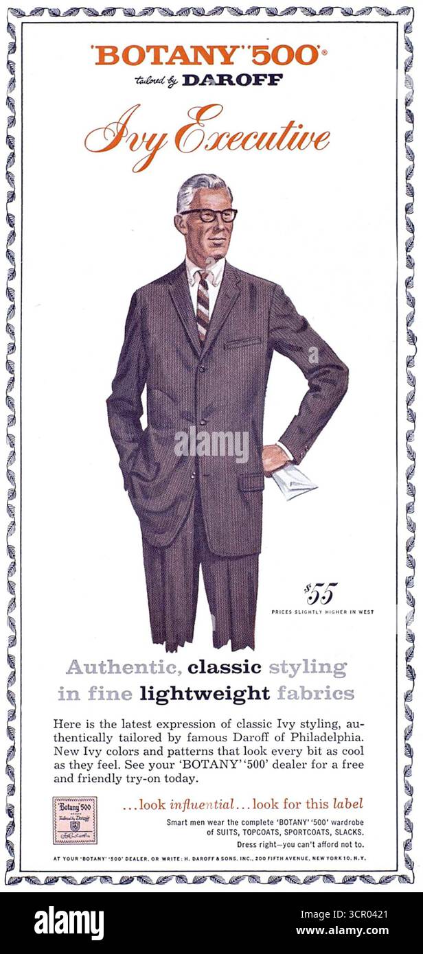 1950er Jahre Botany 500 Anzüge, maßgeschneidert von Daroff. Der Werbespot wirbt für die Linie „Ivy Executive“, eine Kollektion, die entwickelt wurde, um den Trend „Ivy Look“ für Herrenmode, der Mitte der 1950er Jahre entstanden ist, zu nutzen Stockfoto
