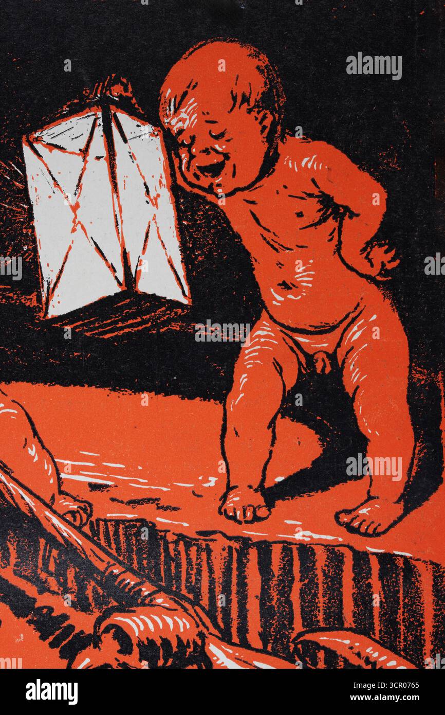 Seltsamer roter Cherub, mit einer Laterne, Horror, Halloween, Deutsch, Jugendstil, Jugendstil, Vintage Illustration, 1890er Jahre, 19. Jahrhundert Stockfoto