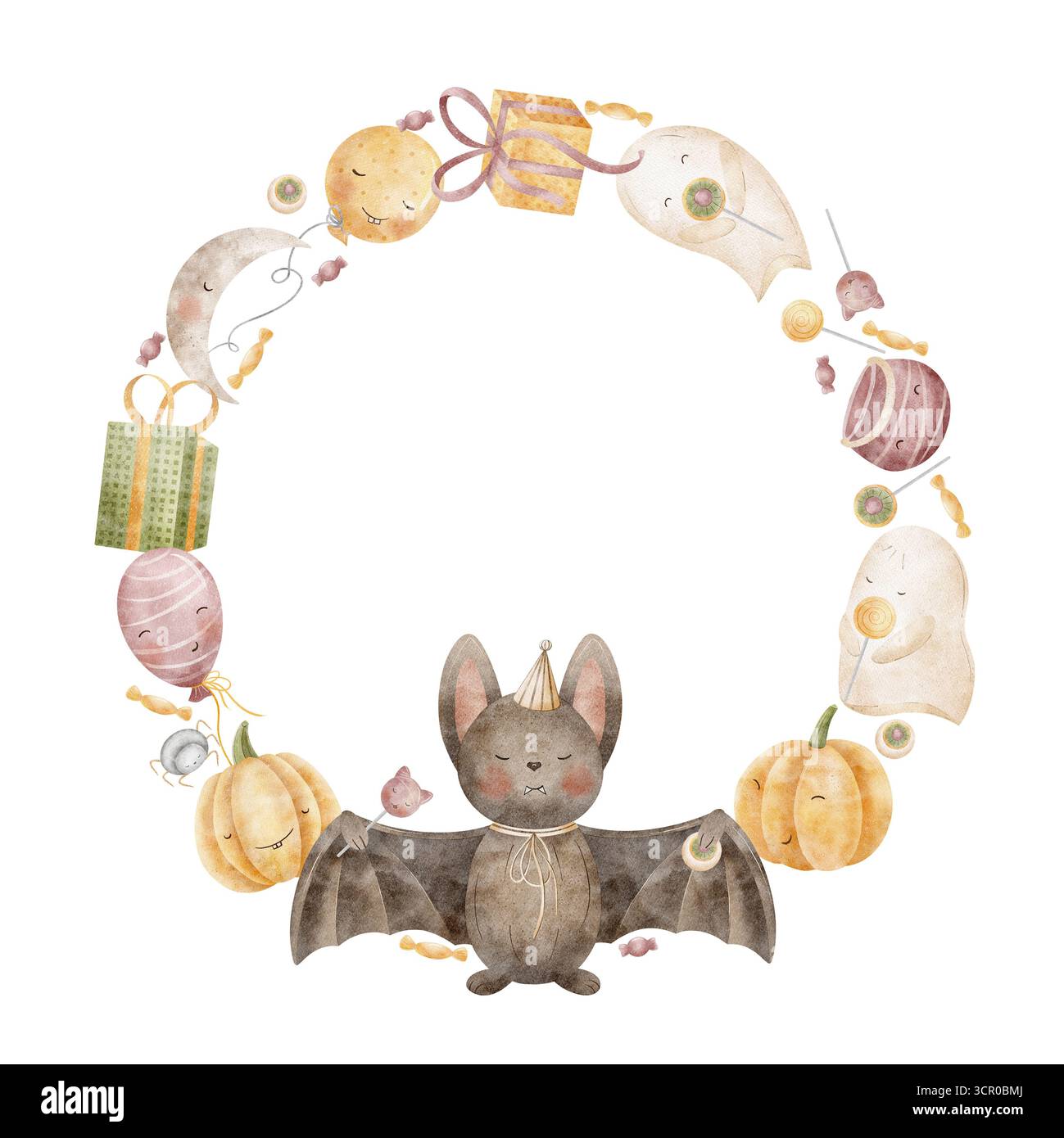 Kranzfledermaus, Geist, Kürbis, Ballons, Geschenke, Süßigkeiten, Kessel. Handgezeichneter Aquarell Halloween Illustration Rahmen im kindlichen Stil, isoliert von Stockfoto