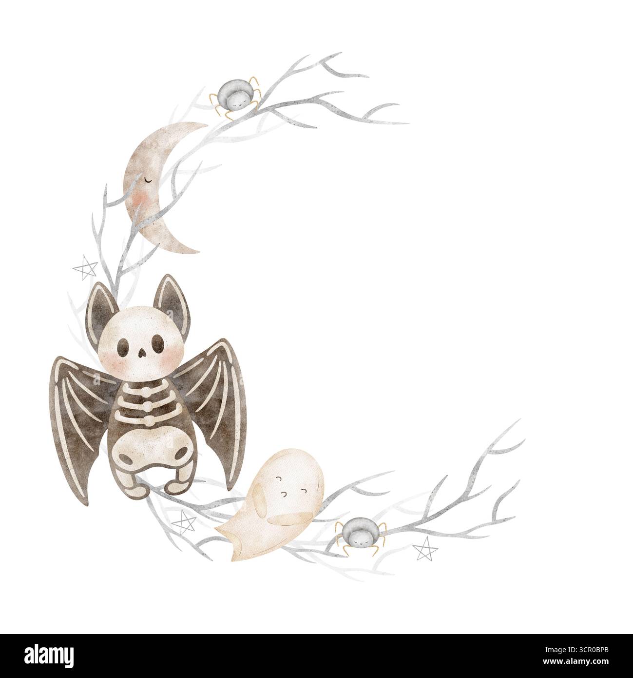 Halloween Kranz Fledermaus Skelett, Mond, Geist, Spinne, Äste. Handgezeichneter Aquarellrahmen im kindlichen Stil, isoliert vom Hintergrund für Stockfoto