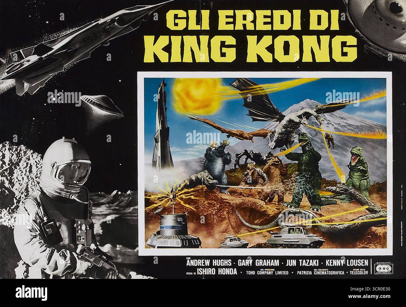 1968 italienische Lobbykarte für den Film Destroy All Monsters (Gli Eredi di King Kong) Stockfoto