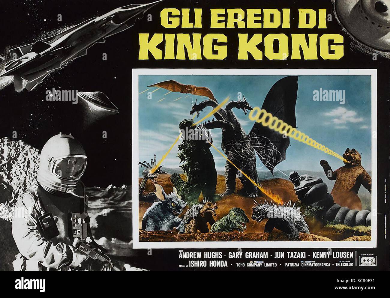 1968 italienische Lobbykarte für den Film Destroy All Monsters (Gli Eredi di King Kong) Stockfoto