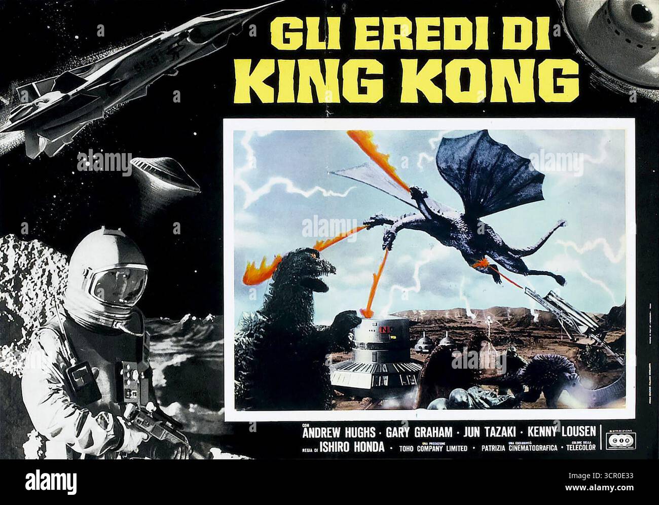 1968 italienische Lobbykarte für den Film Destroy All Monsters (Gli Eredi di King Kong) Stockfoto