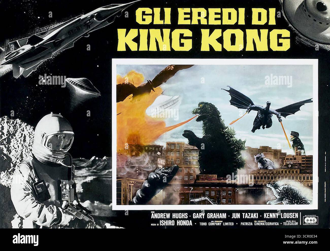 1968 italienische Lobbykarte für den Film Destroy All Monsters (Gli Eredi di King Kong) Stockfoto