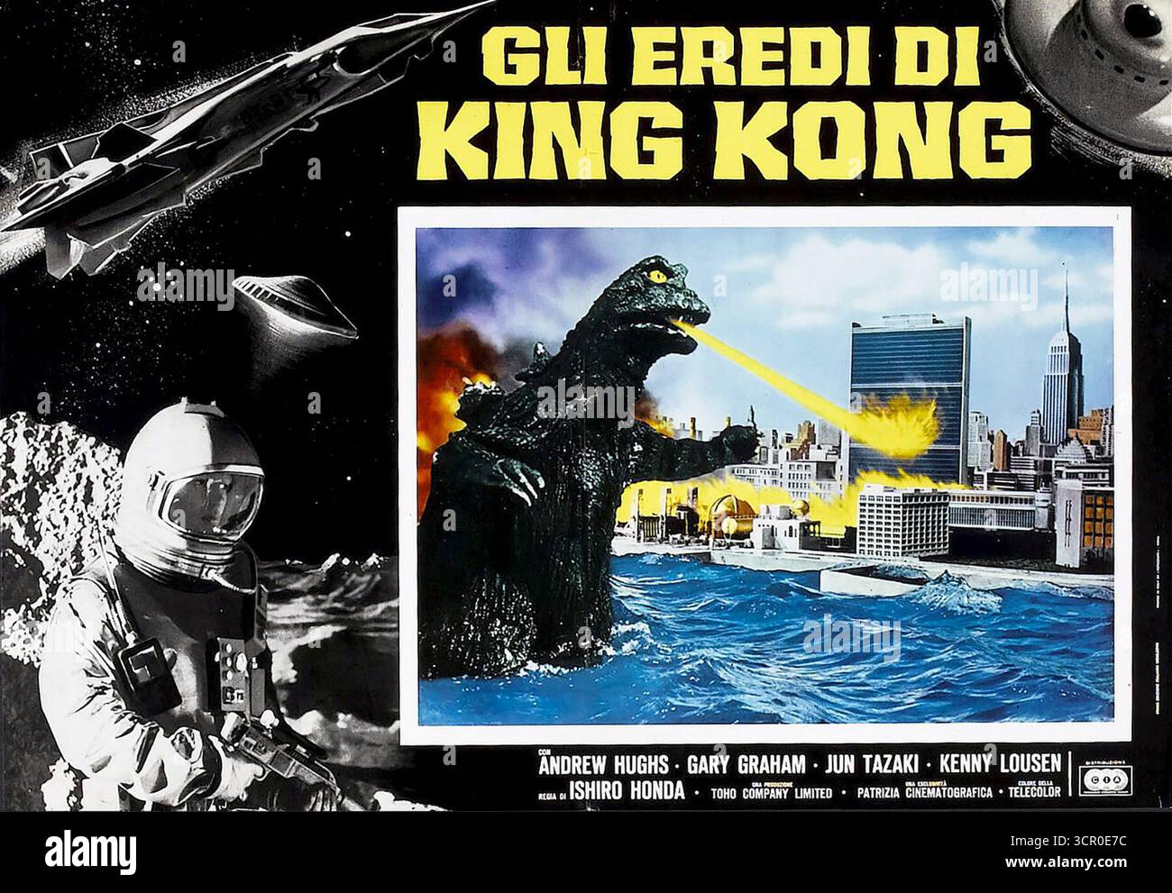 1968 italienische Lobbykarte für den Film Destroy All Monsters (Gli Eredi di King Kong) Stockfoto