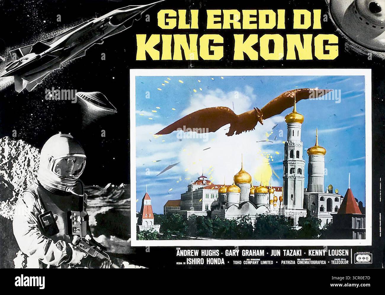 1968 italienische Lobbykarte für den Film Destroy All Monsters (Gli Eredi di King Kong) Stockfoto